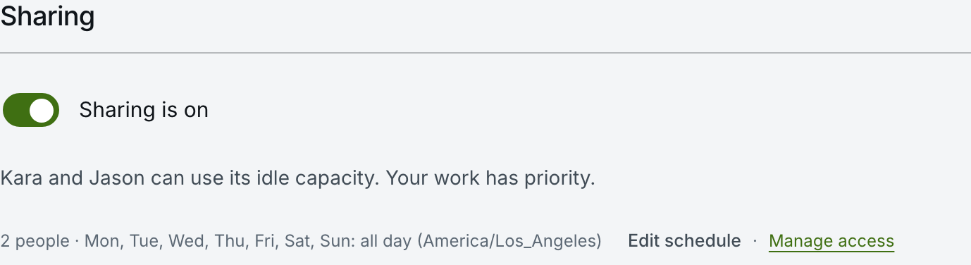 The Sharing panel on a Saylek machine. A switch reads Sharing is on, above the note Kara and Jason can use its idle capacity. Your work has priority. Below it, a line reads 2 people, Mon, Tue, Wed, Thu, Fri, Sat, Sun: all day, America/Los_Angeles, with Edit schedule and Manage access.